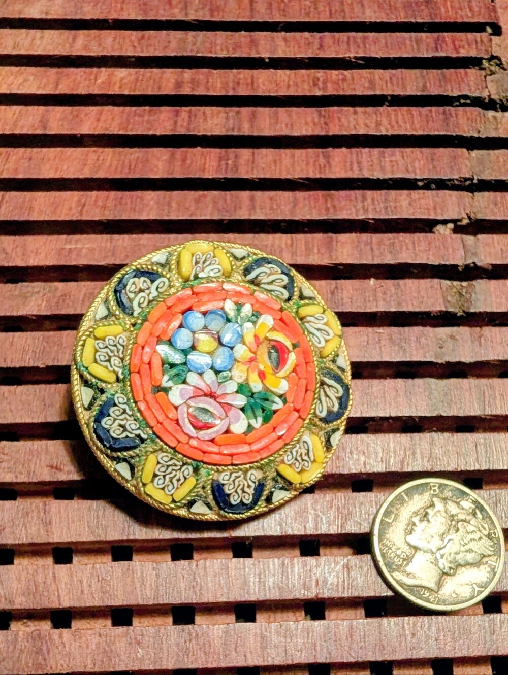 Vintage Micro Mosaic Floral Round Brooch - Coral, Yellow, Blue